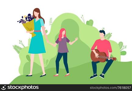 Mother and daughter walking together holding hands. Woman with bouquet of flowers. Man sitting on grass playing guitar, girl waving goodbye vector. Woman with Kid Walking, Man Playing Guitar Vector