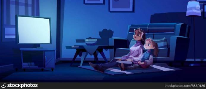 Mother and daughter watch tv at dark room. Family night recreation, home cinema entertainment. Woman and little girl sitting on plaid enjoying movie film on screen, Cartoon vector illustration. Mother and daughter watch tv at dark room, cinema