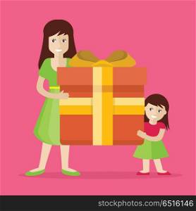 Mother and Daughter with Gift Flat Design Vector. Giving present. Smiling woman and small girl standing with gift box decorated ribbon, bow flat vector illustration isolated on pink background. Birthday, valentine, christmas, father s day celebrating. Mother and Daughter with Gift Flat Design Vector
