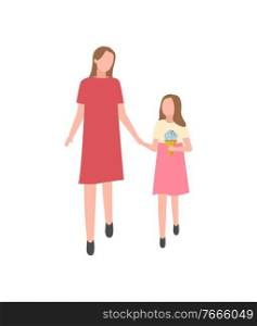 Mother and daughter with ice cream isolated cartoon characters. Vector woman and girl at summer fair, people spend time together, happy family mom and child. Mother Daughter with Ice Cream Isolated Characters