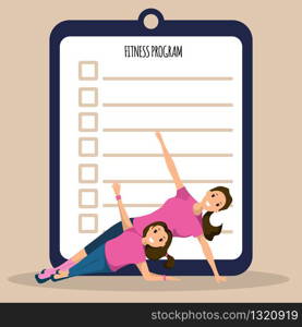 Mother and Daughter Workout Doing Fitness Program. Banner Image Happy Smiling Woman and Child Yoga Pose. Family Fitness Training Individual Sports Program. Healthy Lifestyle People.