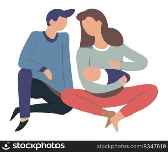 Mother and father caring for newborn child, mom and dad holding baby in hands. Isolated parents with child falling asleep, motherhood and fatherhood, happy wife and husband. Vector in flat style. Parental love and care, mom and dad with newborn