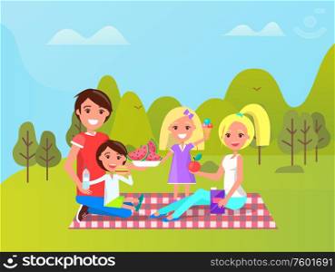 Mother and father, daughter and sin vector, people sitting on blanket with food. Couple with children smiling of having goof time. Family having lunch. Family Spending Time Together, Picnic Vacations