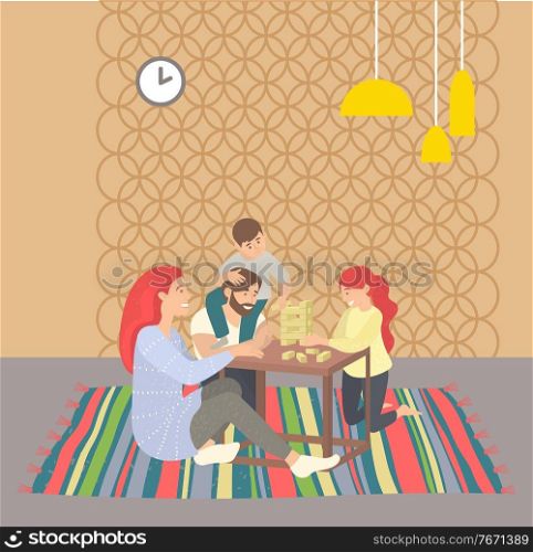 Mother and father, daughter and son playing game indoor. Happy family sitting on floor with carpet, parents and children near table, sweet home, l&and clock decor vector. Family Leisure at Home, People Playing Game Vector