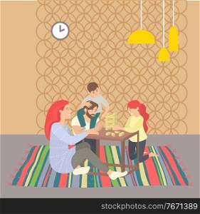 Mother and father, daughter and son playing game indoor. Happy family sitting on floor with carpet, parents and children near table, sweet home, lamp and clock decor vector. Family Leisure at Home, People Playing Game Vector