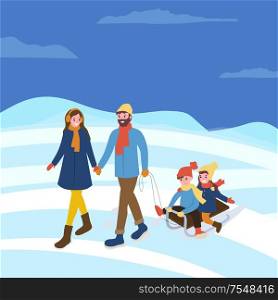 Mother and father, kids sitting on sledges winter season activities vector. Evening married couple with children on sleds, seasonal walks outdoors. Mother and Father, Kids Sitting on Sledges Winter