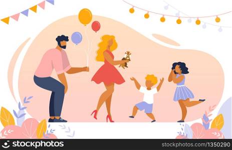 Mother and Father Presenting Puppy to Little Son on Birthday. Dog Best Gift for Child, Family Relations, Love, Festive Event Celebration, Room Decorated with Balloons. Cartoon Flat Vector Illustration. Mother and Father Presenting Puppy to Little Son