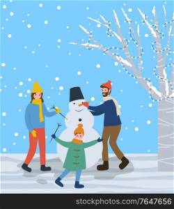 Mother and father sculpting snowman with carrot nose and branch arms. Happy family spending time outdoors together. Winter activities in forest or park. Vacation of kids and xmas holidays vector. Family Standing Around Snowman Sculpture in Park