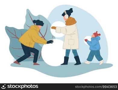 Mother and father with child building snowman outdoors. Parents and kid spending time outside playing together. Wintertime leisure and activities. Xmas and new year holidays. Vector in flat style. Parents and kid building snowman outdoors vector