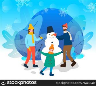 Mother and father with daughter sculpting snowman of snow vector. Child and parents playing outdoors. Wintertime recreation of couple and kid. Sculpture with bucket on head and carrot nose flat style. Family Sculpting Snowman Outdoors Wintertime Fun