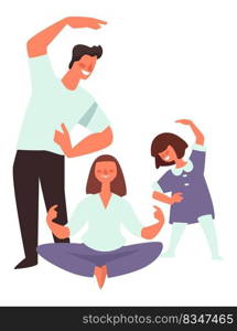 Mother and father with kid doing yoga asanas and meditating. Isolated family members exercising and strengthening body. Male and female keeping fit and caring for health. Vector in flat style. Family members doing yoga, active lifestyle vector