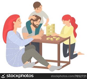 Mother and father with kids at home vector, isolated family playing board game jenga. Fun time of parents and children, parenting and childhood people. Family in Evening Playing Jenga, Game Players