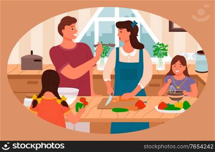 Mother and father with kids preparing food at home. Parents and children making dishes, daughters with mom and dad making meals. Woman cutting carrots on wooden board, domestic chores vector. Family Cooking in Kitchen Parents and Kids at Home