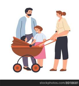 Mother and father with newborn kid and preschool daughter. Isolated mom and dad, parents and children on walk. Family life and rest on weekends, mommy and daddy with baby. Vector in flat style. Family life, mother and father with newborn kid