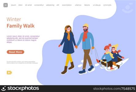 Mother and father with sledges and children web pages with text sample. Daddy and mommy with kids, daughter and son sitting on sleigh fun wintertime. Mother and Father with Sledges and Children Web