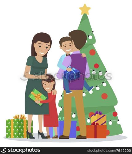 Mother and father with son and daughter exchanging gifts on Christmas. Isolated family, kid holding presents standing by pine tee decorated with garlands and star on top. Vector in flat style. Family Celebrating Christmas at Home by Pine Tree