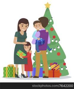 Mother and father with son and daughter exchanging gifts on Christmas. Isolated family, kid holding presents standing by pine tee decorated with garlands and star on top. Vector in flat style. Family Celebrating Christmas at Home by Pine Tree