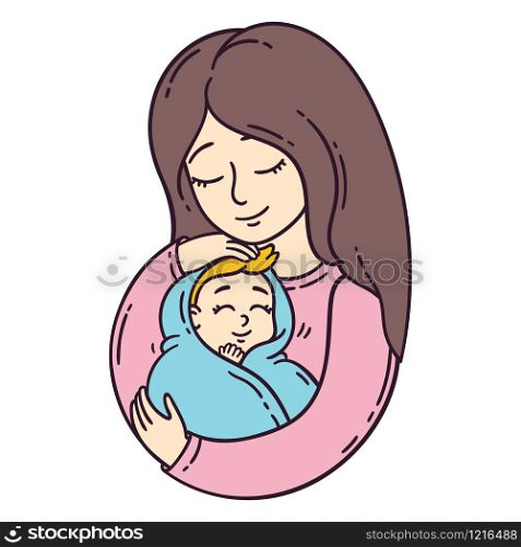 Mother and her baby. Isolated objects on white background. Vector illustration.