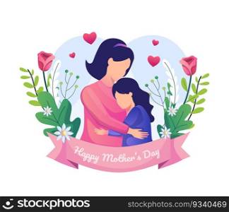 Mother and her daughter are hugging. Happy Mother’s Day Greeting flat vector illustration