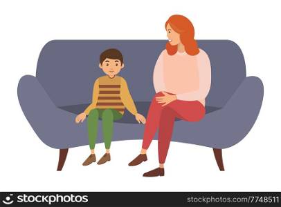 Mother and her son sitting on the couch together isolated on white background. Cute child preschooler or schoolboy and smiling woman communicating. Happy family portrait vector character illustration. Mother and her son sitting on the couch communicating together isolated on white background