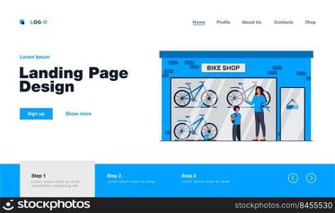 Mother and kid choosing bicycle in bike shop. Store, son, parent flat vector illustration. Transportation and active lifestyle concept for banner, website design or landing web page