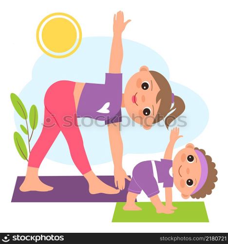 Mother and kid doing yoga together. Healthy lifestyle. Vector illustration. Mother and kid doing yoga together. Healthy lifestyle
