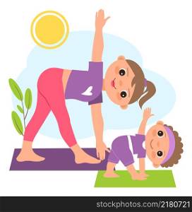 Mother and kid doing yoga together. Healthy lifestyle. Vector illustration. Mother and kid doing yoga together. Healthy lifestyle