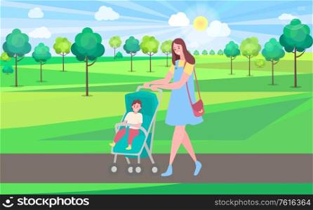 Mother and kid in park, woman walking with pram and baby. Toddler and mom having good time outdoors, fresh air and greenery of nature, trees. Website or webpage template, landing page flat style. Woman Walking with Perambulator and Kid in Park