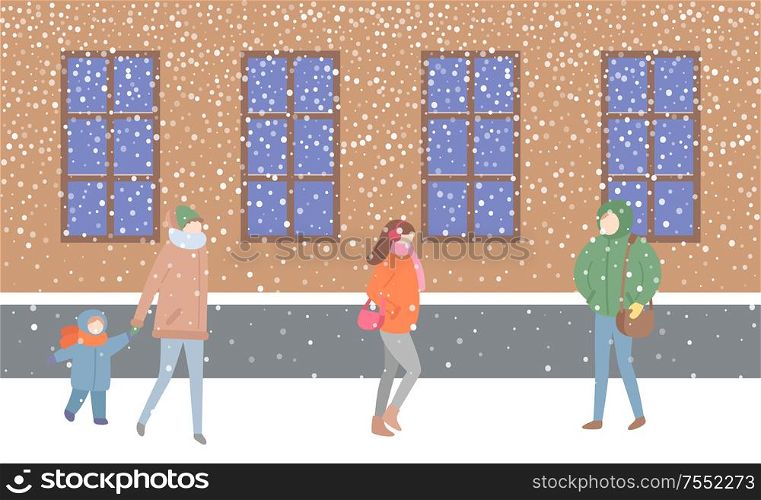 Mother and kid passing by building with windows vector. Street filled with people wearing warm clothes hurry to get home. Woman holding sack handbag. Mother and Kid Passing by Building with Windows