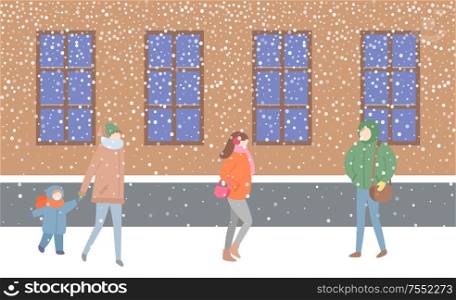 Mother and kid passing by building with windows vector. Street filled with people wearing warm clothes hurry to get home. Woman holding sack handbag. Mother and Kid Passing by Building with Windows