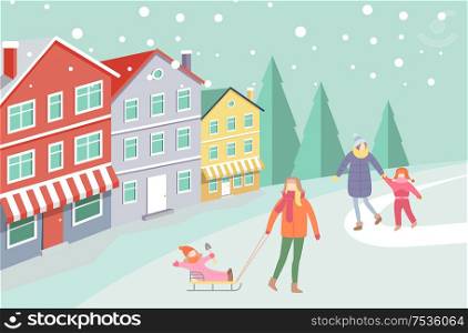Mother and kid, person with child on sledges winter street with building pine vector. Wintertime activities, cold weather, people wearing warm clothes. Mother Kid, Person with Child on Sledges Winter