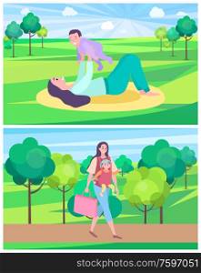 Mother and kid spending time together vector, woman laying on mat and raising kid, son childhood. Lady walking with bag carrying baby, forest trees. Woman Playing with Kid Laying on Mat in Park Lawn