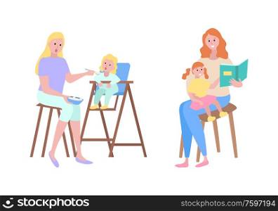 Mother and kid vector, isolated woman feeding child sitting on high stool. Lady reading book to daughter, fairy tales and stories, schoolgirl and mom. Mother and Child, Childcare Motherhood Family