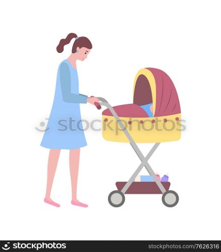 Mother and kid vector, isolated woman walking with perambulator and child sleeping in pram flat style. Childhood and motherhood childcare family person. Flat cartoon. Woman Walking with Child Sleeping in Perambulator