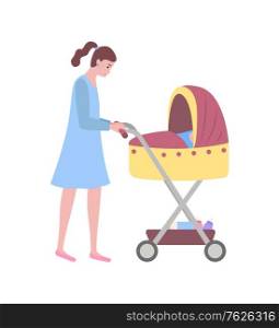 Mother and kid vector, isolated woman walking with perambulator and child sleeping in pram flat style. Childhood and motherhood childcare family person. Flat cartoon. Woman Walking with Child Sleeping in Perambulator