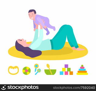 Mother and kid vector, mom holding son. Isolated set of toys for children, cubes and cones for cognitive abilities development, plastic bowl and spoon. Mother Holding Baby Son, Laying on Mat Isolated