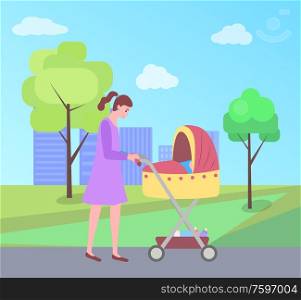 Mother and kid vector, woman walking with perambulator and child sleeping in pram, city park with buildings and green trees. Childhood and motherhood, vector. Woman Walking with Child Sleeping in Perambulator