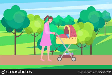 Mother and kid vector, woman walking with perambulator and child sleeping in pram, city park with buildings and green trees. Childhood and motherhood, vector. Woman Walking with Child Sleeping in Perambulator