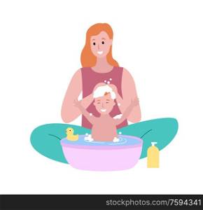 Mother and kid vector, woman washing baby hair with shampoo, soap water and duck toy made of rubber isolated. Woman and child childcare flat style. Woman Sitting with Baby Mom Washing Child Isolated