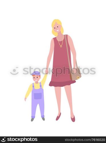 Mother and kid walking vector, isolated woman teaching son to walk. Mom and small child, person with handbag and kiddo wearing bodysuit, cartoon style. Woman Walking with Baby Son, Toddler Kid and Mom