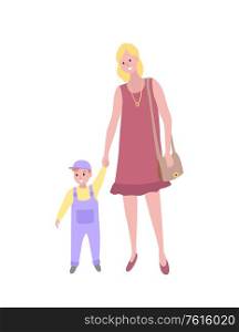 Mother and kid walking vector, isolated woman teaching son to walk. Mom and small child, person with handbag and kiddo wearing bodysuit, cartoon style. Woman Walking with Baby Son, Toddler Kid and Mom