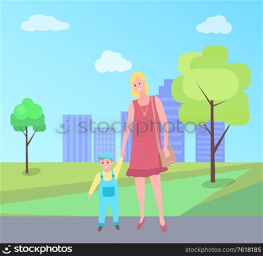 Mother and kid walking vector, woman teaching son to walk in city park with buildings. Mom and small child, person with handbag and kiddo wearing bodysuit. Mother and Kid Walking Vector, Woman in City Park
