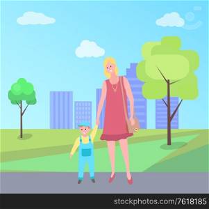 Mother and kid walking vector, woman teaching son to walk in city park with buildings. Mom and small child, person with handbag and kiddo wearing bodysuit. Mother and Kid Walking Vector, Woman in City Park