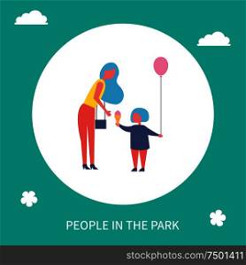 Mother and kid with ice cream in park isolated icon in cartoon style vector banner. Woman in blouse, trousers and high heels with bag and small girl. Mother and Kid with Ice Cream in Park Cartoon Icon