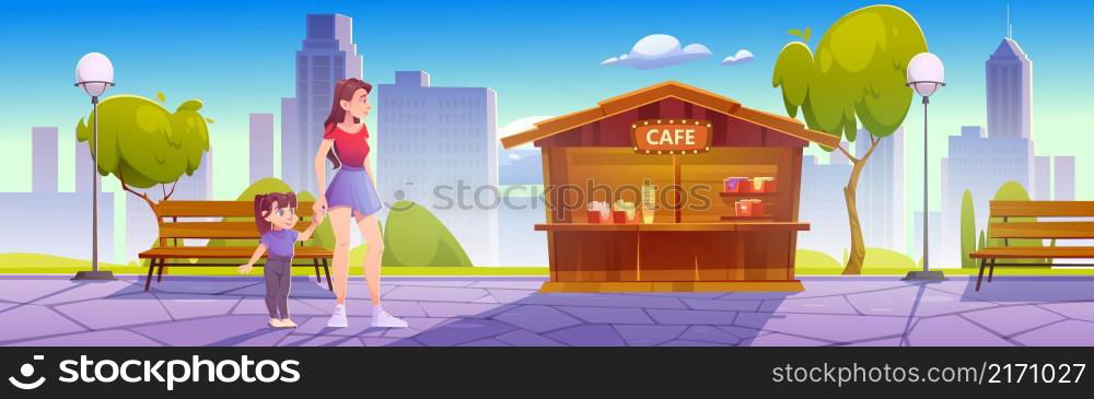 Mother and little daughter stand at outdoor cafe in city park, family walk, weekend leisure. Young woman hold baby girl hand near stall with food and drinks in urban garden Cartoon vector illustration. Mother and little daughter stand at outdoor cafe