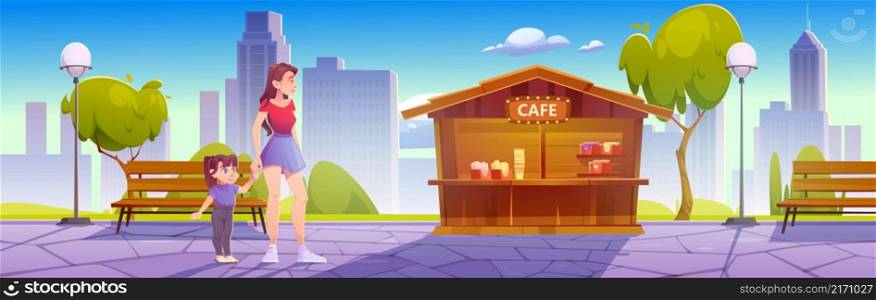 Mother and little daughter stand at outdoor cafe in city park, family walk, weekend leisure. Young woman hold baby girl hand near stall with food and drinks in urban garden Cartoon vector illustration. Mother and little daughter stand at outdoor cafe