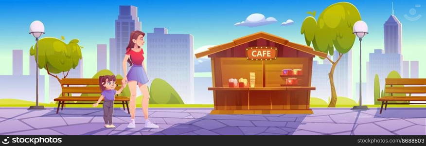 Mother and little daughter stand at outdoor cafe in city park, family walk, weekend leisure. Young woman hold baby girl hand near stall with food and drinks in urban garden Cartoon vector illustration. Mother and little daughter stand at outdoor cafe