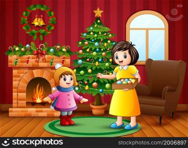 Mother and little girl want to decorate a christmas tree