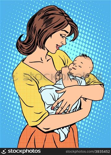 Mother and newborn baby. Family love children pop art retro style. Mother and newborn baby