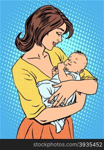 Mother and newborn baby. Family love children pop art retro style. Mother and newborn baby